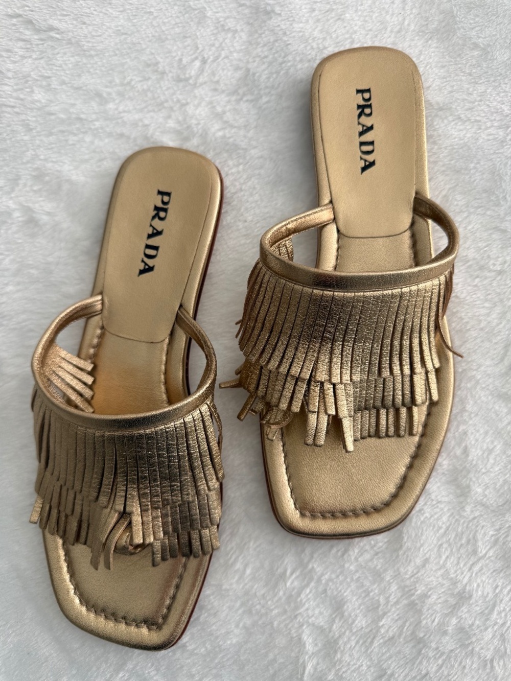 Prada Metallic Leather Gold Fringe Flat Sandals Sz 7.5 MOMS ARCHIVE